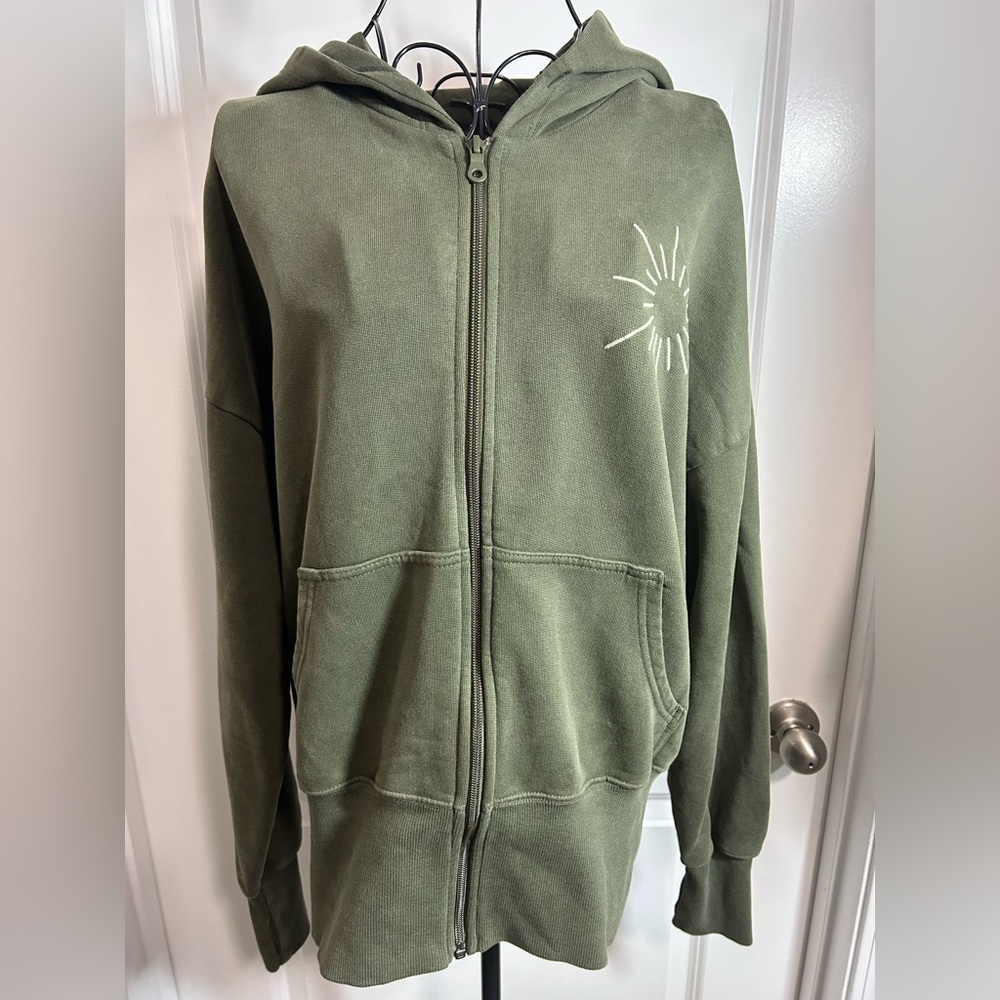 Offline By Aerie Green Zip-Up Hoodie with Sun‎ Design-UNISEX.